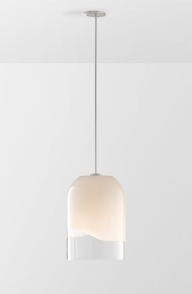 Articolo Studios Luxury Lighting Moni Extra Large Single Pendant in Satin Nickel with Clear and White Shade