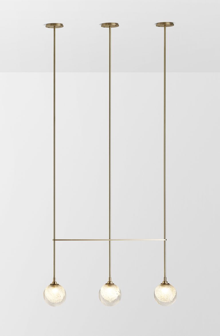 Articolo Studios Luxury Lighting Fizi Triple Pendant in Brass with Fizi Ball Shades