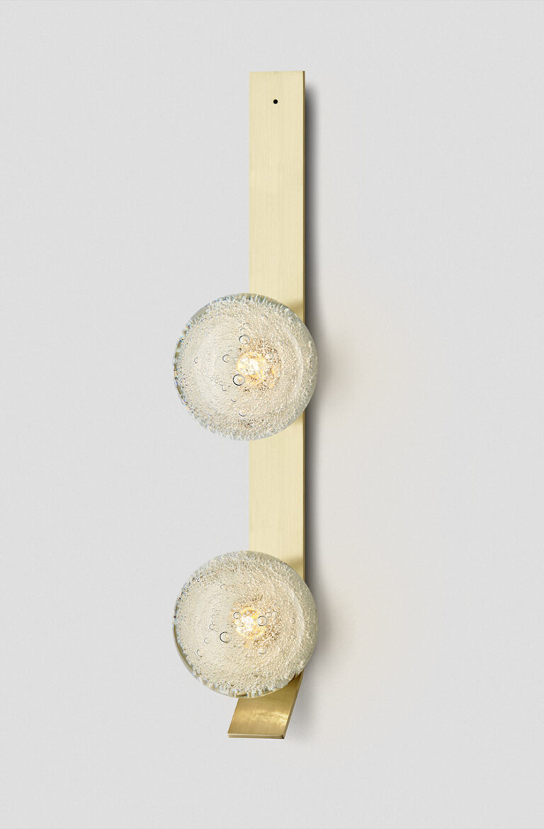 Articolo Studios Luxury Lighting Fizi on Kick Double Wall Sconce in Brass with Fizi Shades