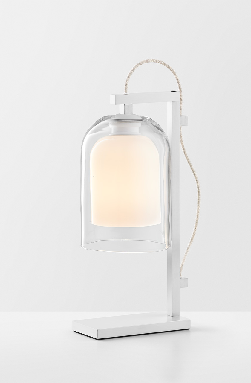 Articolo Studios Luxury Lighting Lumi Table Lamp in White Powder Coat and Clear and White Shade