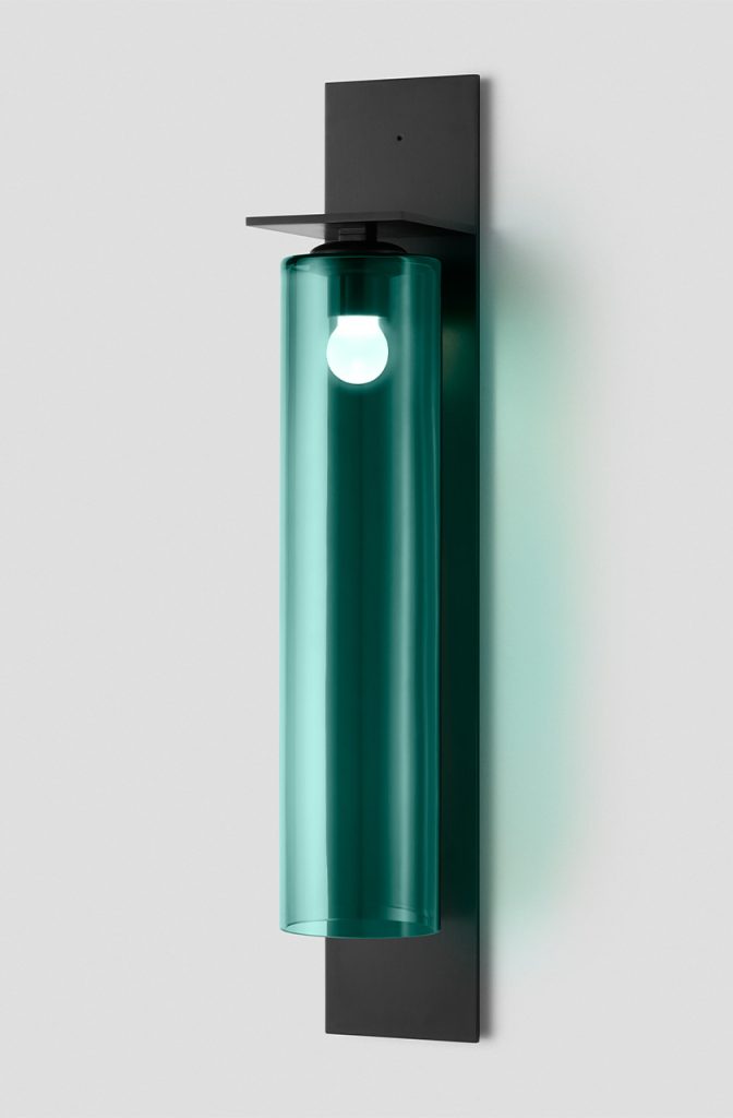 Articolo Studios Luxury Lighting Eclipse Tall Wall Sconce in Anodised Black and Drunken Emerald Shade