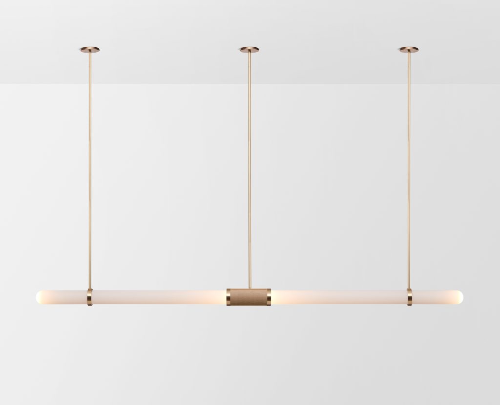 Articolo Studios Luxury Lighting Scandal Extra Long Pendant in Brass with Snow Shades and Brass Mesh Inlay