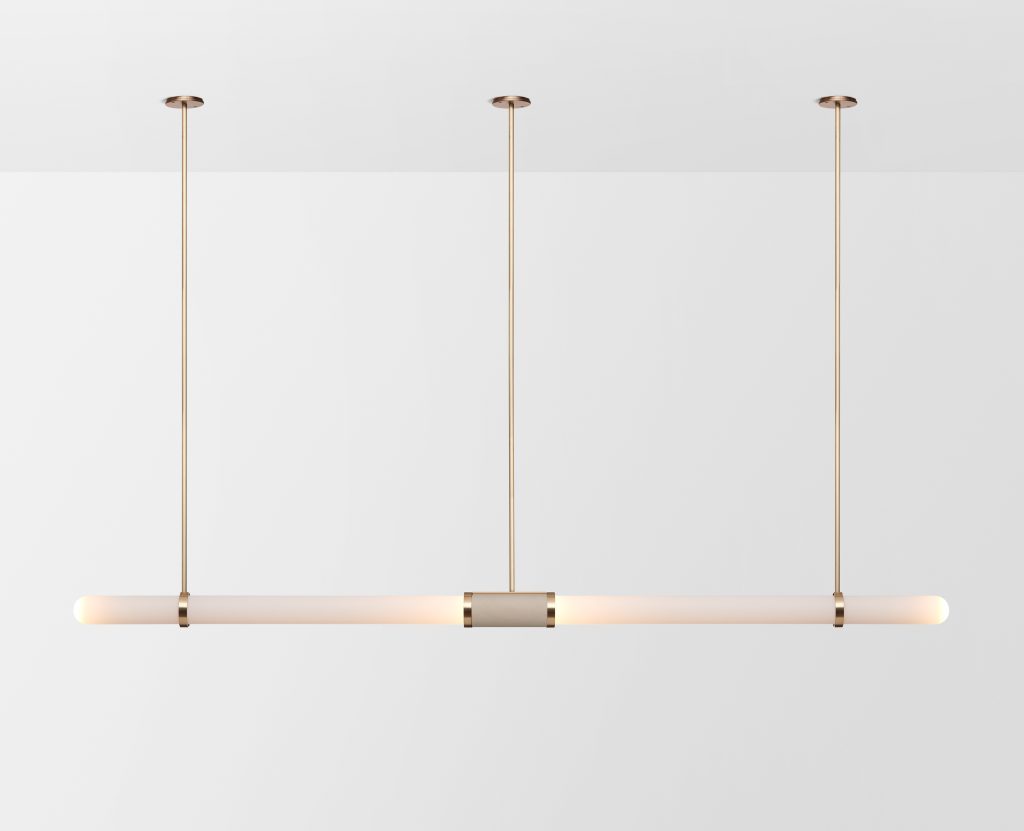 Articolo Studios Luxury Lighting Scandal Extra Long Pendant in Brass with Snow Shade and Latte Leather Inlay
