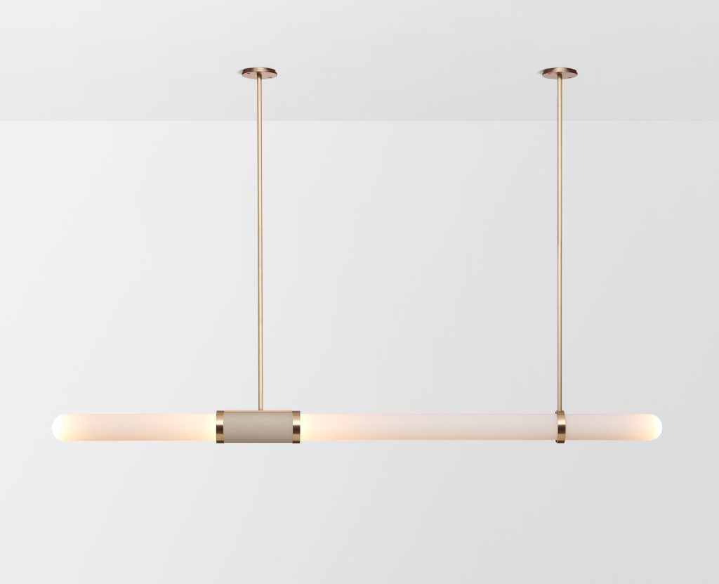 Articolo Studios Luxury Lighting Scandal Long Pendant in Brass with Snow Shade and Latte Leather Inlay