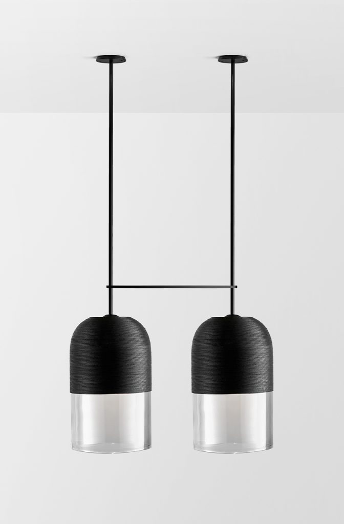 Articolo Studios Luxury Lighting Indi Extra Large Double Pendant in Black Electroplate and Black Weave