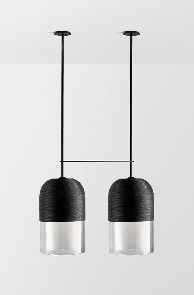 Articolo Studios Luxury Lighting Indi Extra Large Double Pendant in Black Electroplate and Black Weave