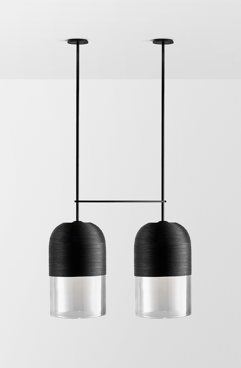 Articolo Studios Luxury Lighting Indi Extra Large Double Pendant in Black Electroplate and Black Weave