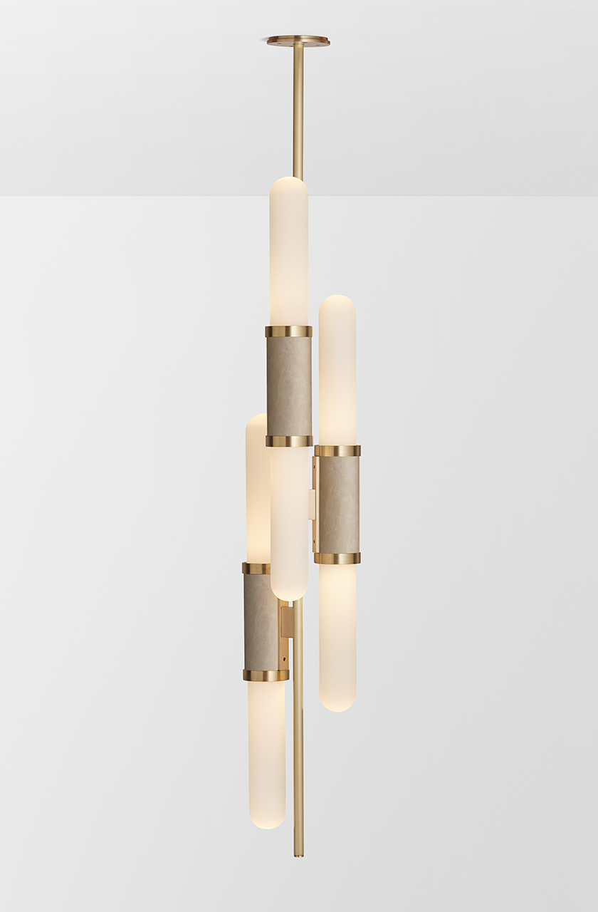 Articolo Studios Luxury LIghting Scandal Staggered Pendant in Brass with Latte Leather Inlay and Snow Shades