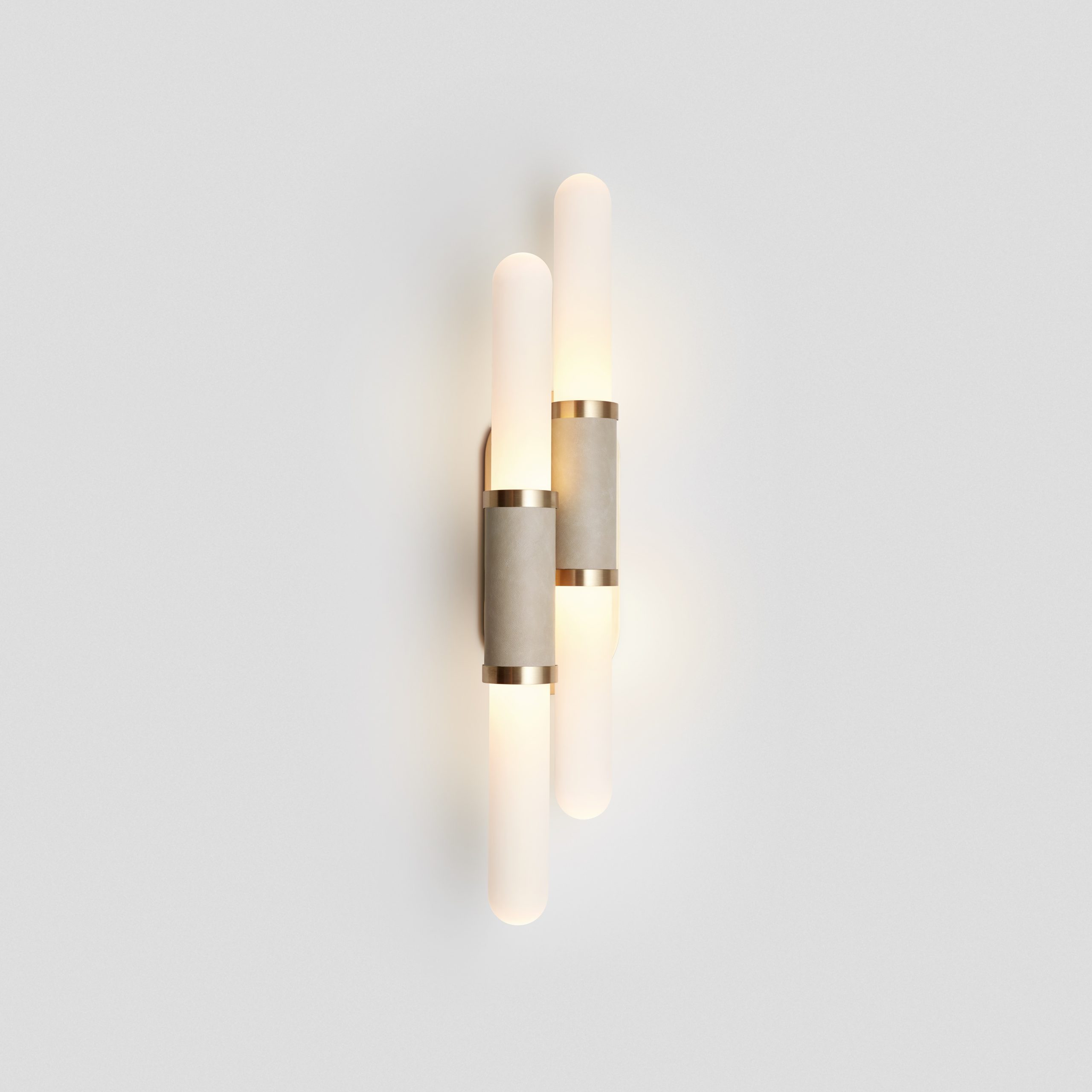Articolo Studios Luxury Lighting Scandal Staggered Wall Sconce in Brass with Latte leather Inlay and Snow Shade