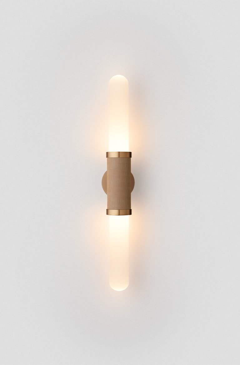Articolo Studios Luxury Lighting Scandal Short Wall Sconce in Brass with Snow Shade and Brass Mesh Inlay