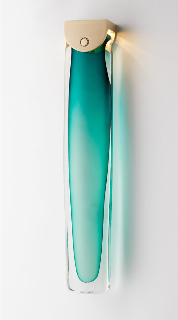 Articolo Studios Slab Wall Sconce in Brass with Drunken Emerald Glass Shade