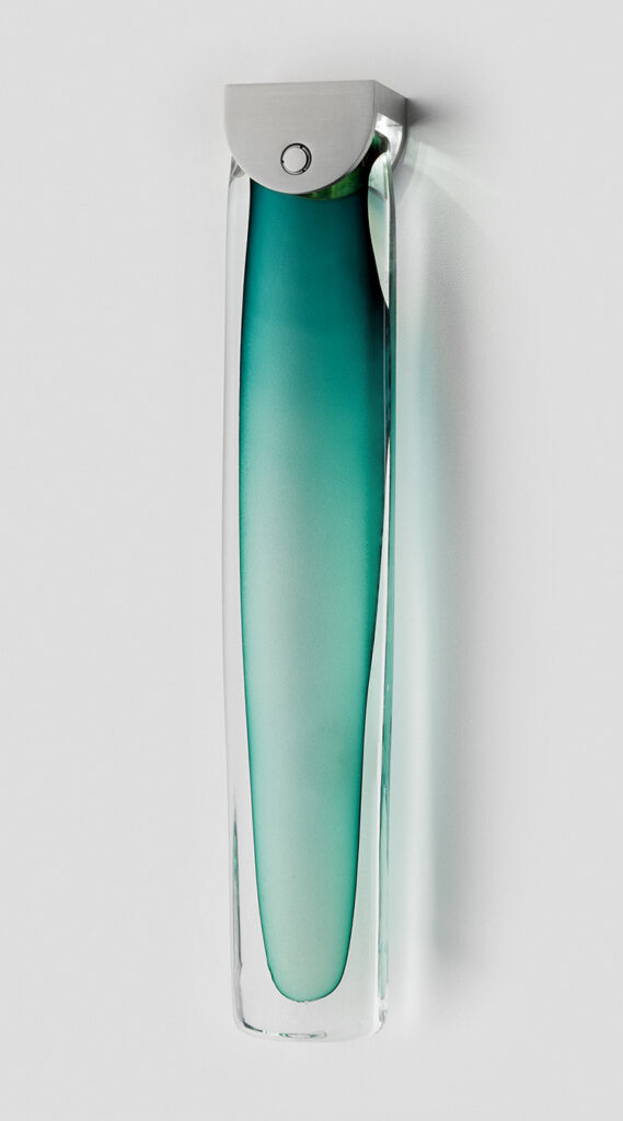 Articolo Studios Slab Wall Sconce in Satin Nickel with Drunken Emerald Glass Shade