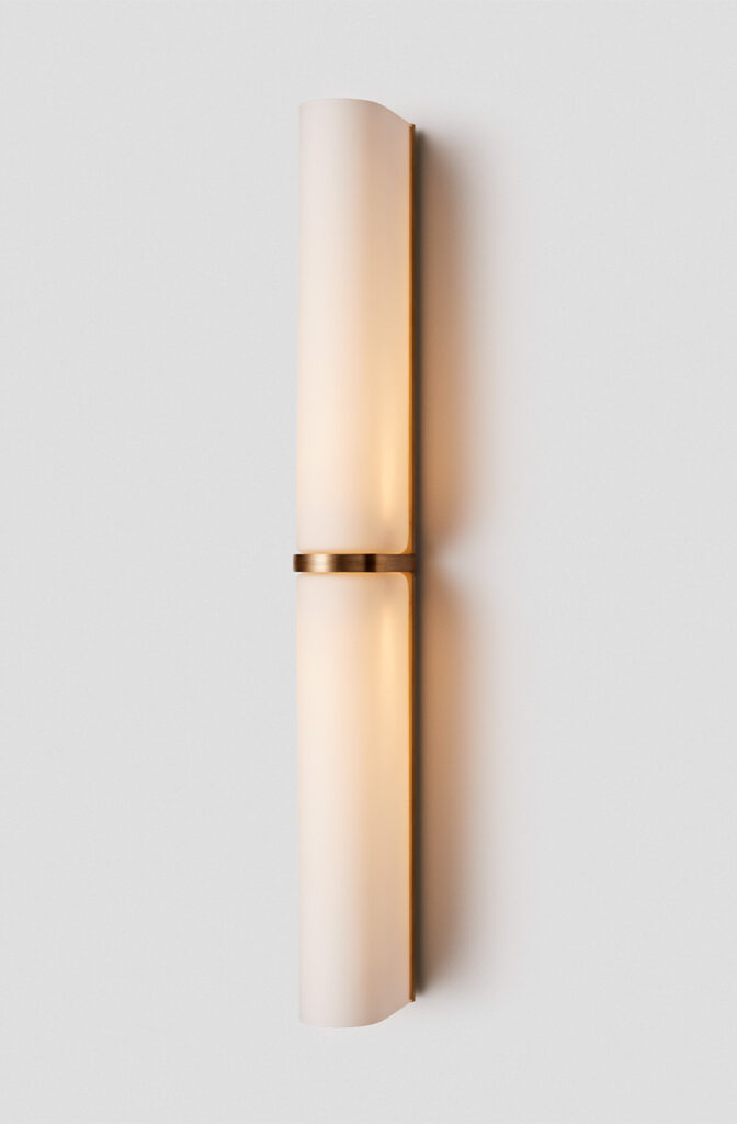 Articolo Studios Luxury Lighting Slim End to End Wall Sconce in Brass with Snow Shade