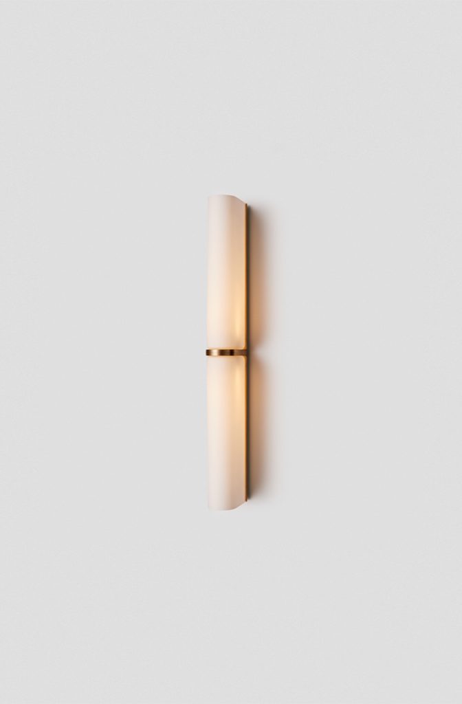 Articolo Studios Luxury Lighting Slim End-to-End Large Wall Sconce in Brass with Snow Shade