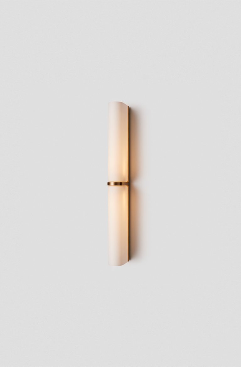 Articolo Studios Luxury Lighting Slim End-to-End Large Wall Sconce in Brass with Snow Shade