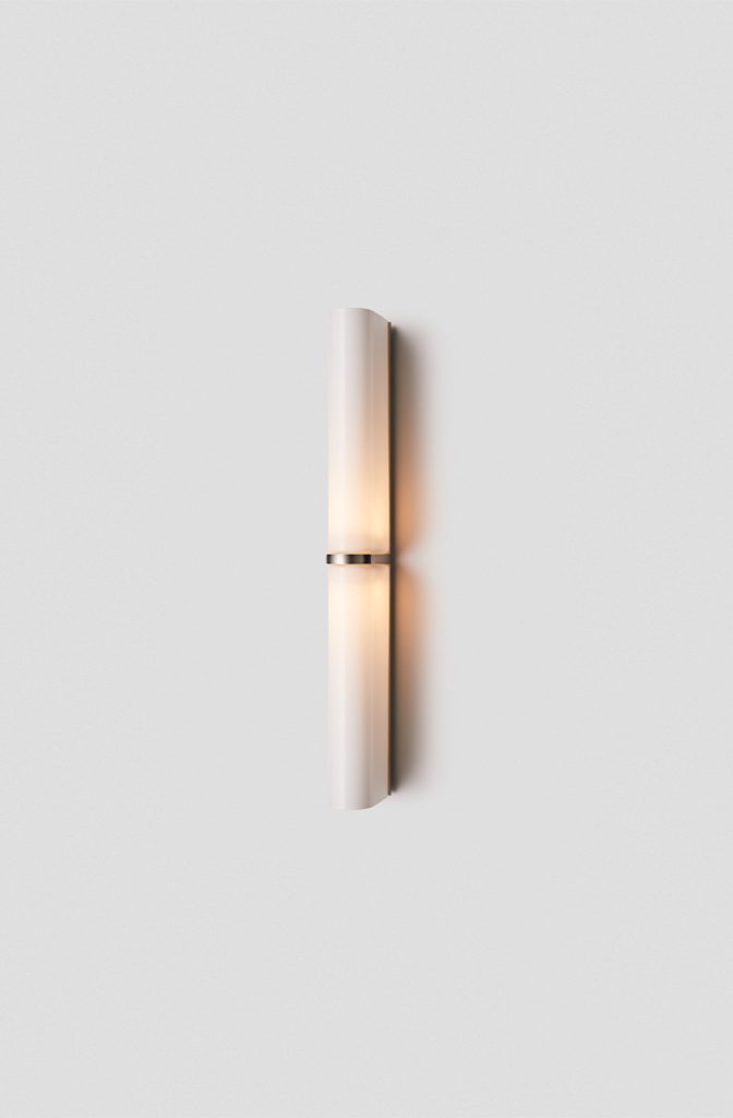 Articolo Studios Luxury Lighting Slim End-to-End Large Wall Sconce in Satin Nickel with Snow Shade