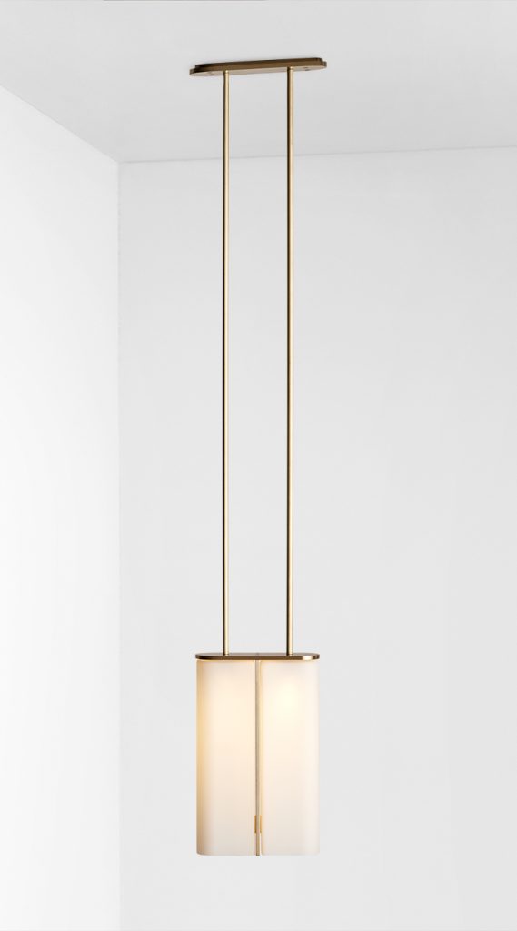 Articolo Studios Luxury Lighting Slim Pendant in Brass with Snow Glass Shade