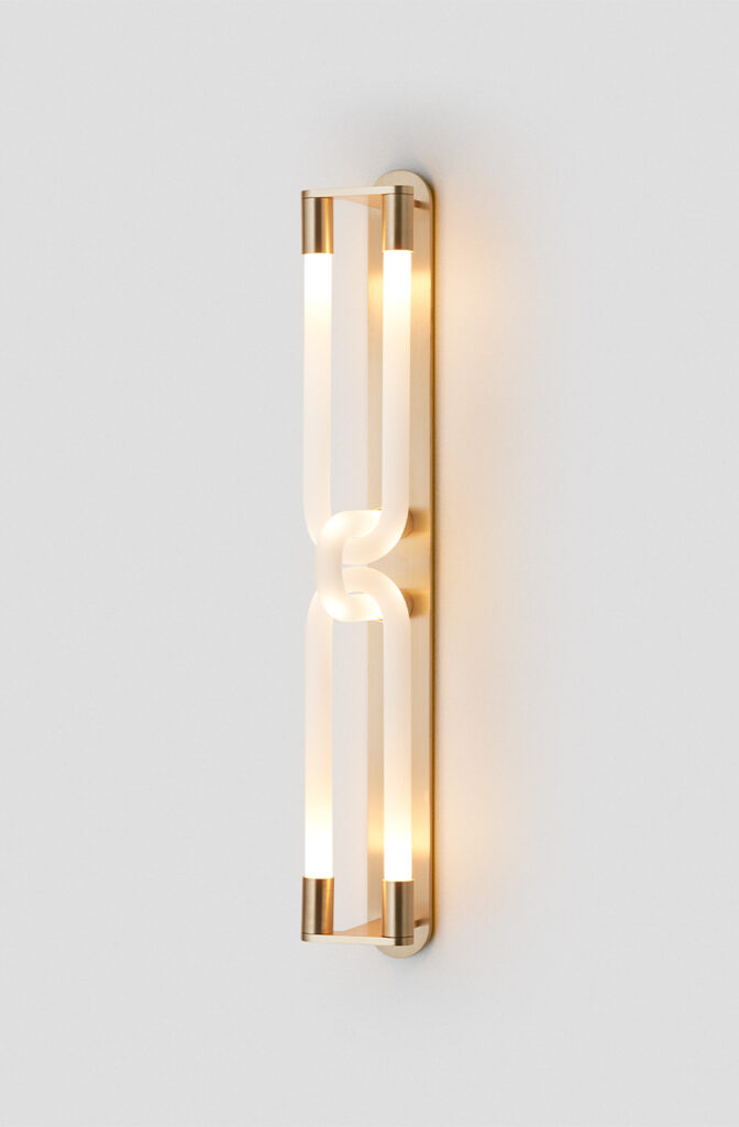 Articolo Studios Luxury Lighting Loopi Double Wall Sconce in Brass with Snow Shade