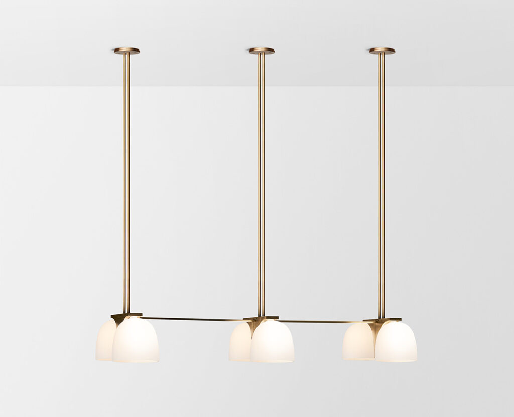 Articolo Studios Luxury Lighting Tubi Pendant in Brass with Snow Shade