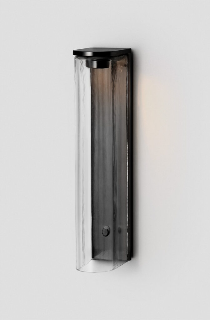 Articolo Studios Luxury Lighting Exterior Slim Extra Large Wall Sconce in Black Electroplate and Clear Shade