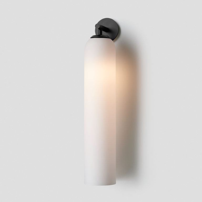 Articolo Studios Luxury Lighting Float Hover Tall Wall Sconce in Anodised Black with Snow Glass Shade