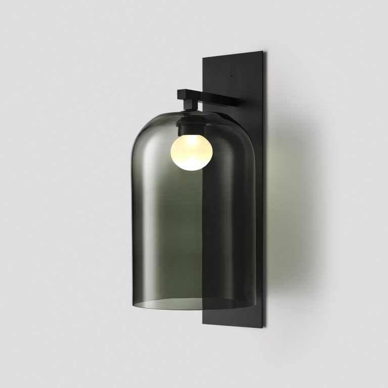 Articolo Studios Luxury Lighting Lumi Wall Sconce in Anodised Black and and Grey Glass Shade