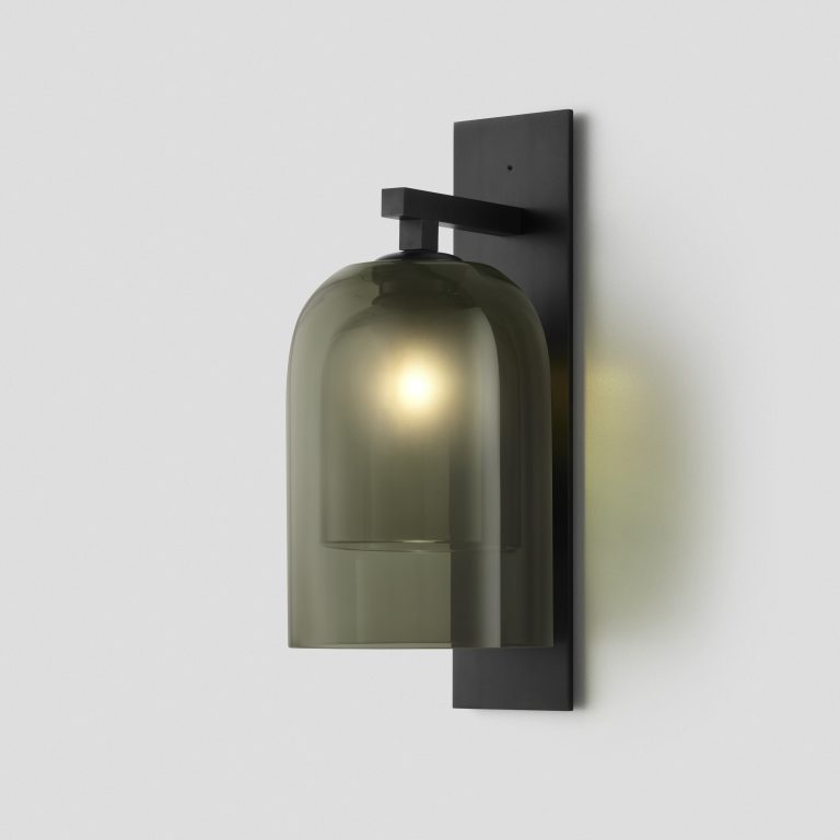 Articolo Studios Luxury Lighting Lumi Wall Sconce in Black Electroplate and Frosted Grey Glass Shade