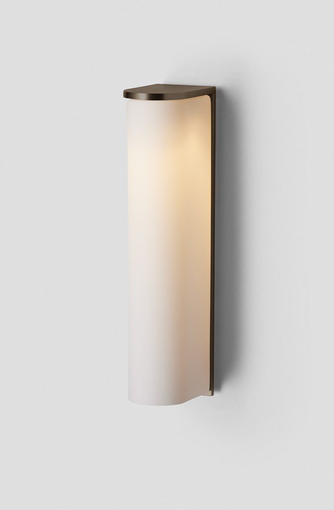 Articolo Studios Luxury Lighting Exterior Slim Wall Sconce in Anodised Bronze and Snow Glass Shade