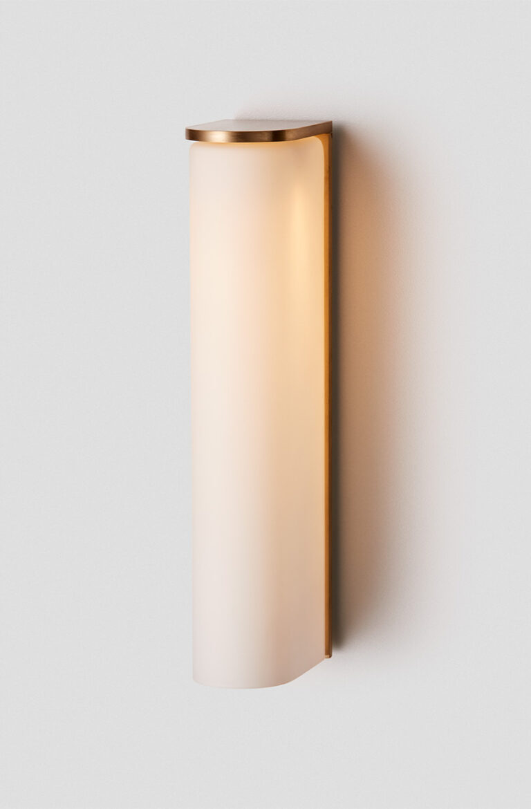Articolo Studios Luxury Lighting Slim Wall Sconce in Brass with Snow Shade