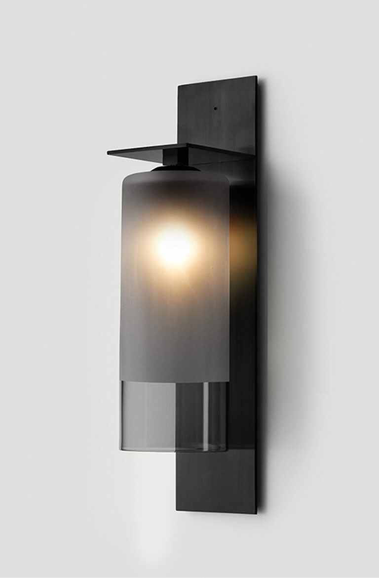 Articolo Studios Luxury Lighting Exterior Eclipse Tall Wall Sconce in Black Electroplate and 2/3 grey Frost Shade