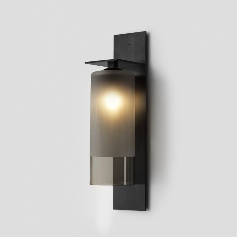 Articolo Studios Luxury Lighting Eclipse Short Exterior Wall Sconce in Anodised Black and 2/3 Smoke Frost Glass Shade