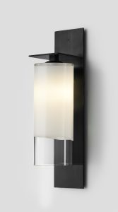 Articolo Studios Luxury Lighting Eclispe Exterior SHort Wall Sconce in Anodised Black and White and Clear Glass Shade