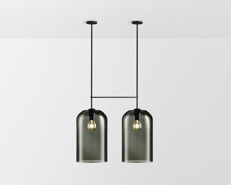 Articolo Studios Luxury Lighting Lumi Extra Large Double Pendant in Black Electroplate and Grey Glass Shade