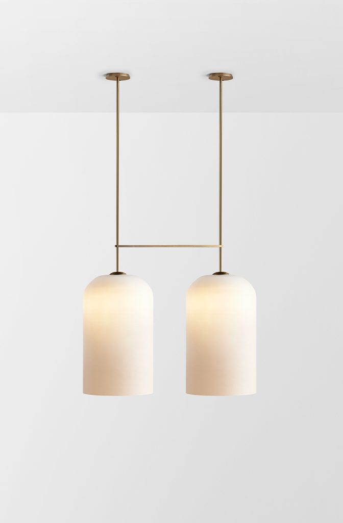 Articolo Studios Luxury Lighting Lumi Extra Large Double Pendant in Brass and Fristed White Shade