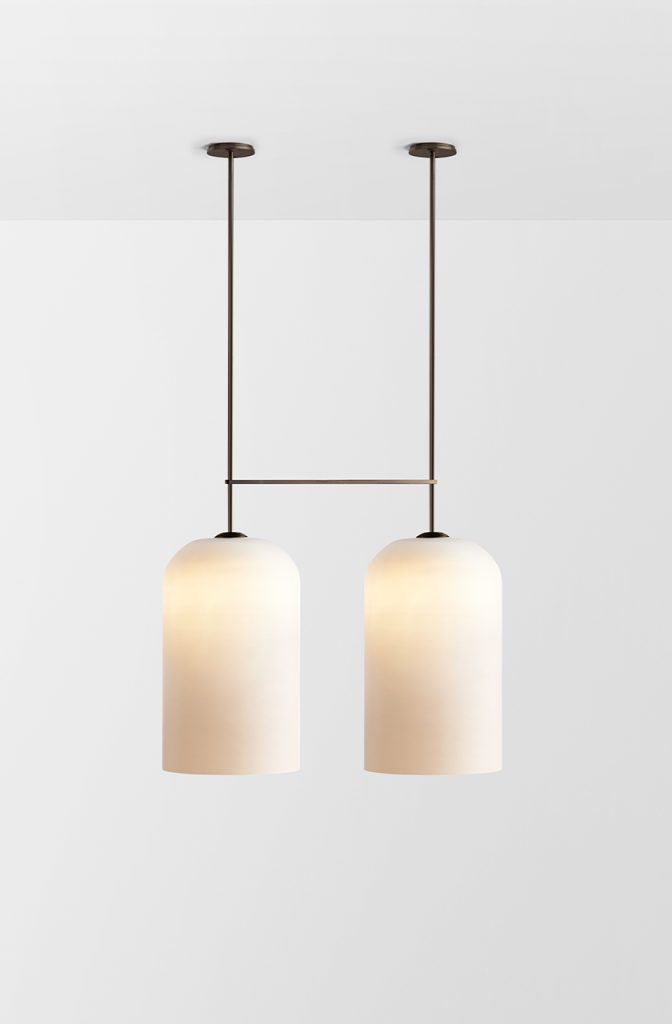 Articolo Studios Luxury Lighting Lumi Extra Large Double Pendant in Bronze with Fristed White Shade