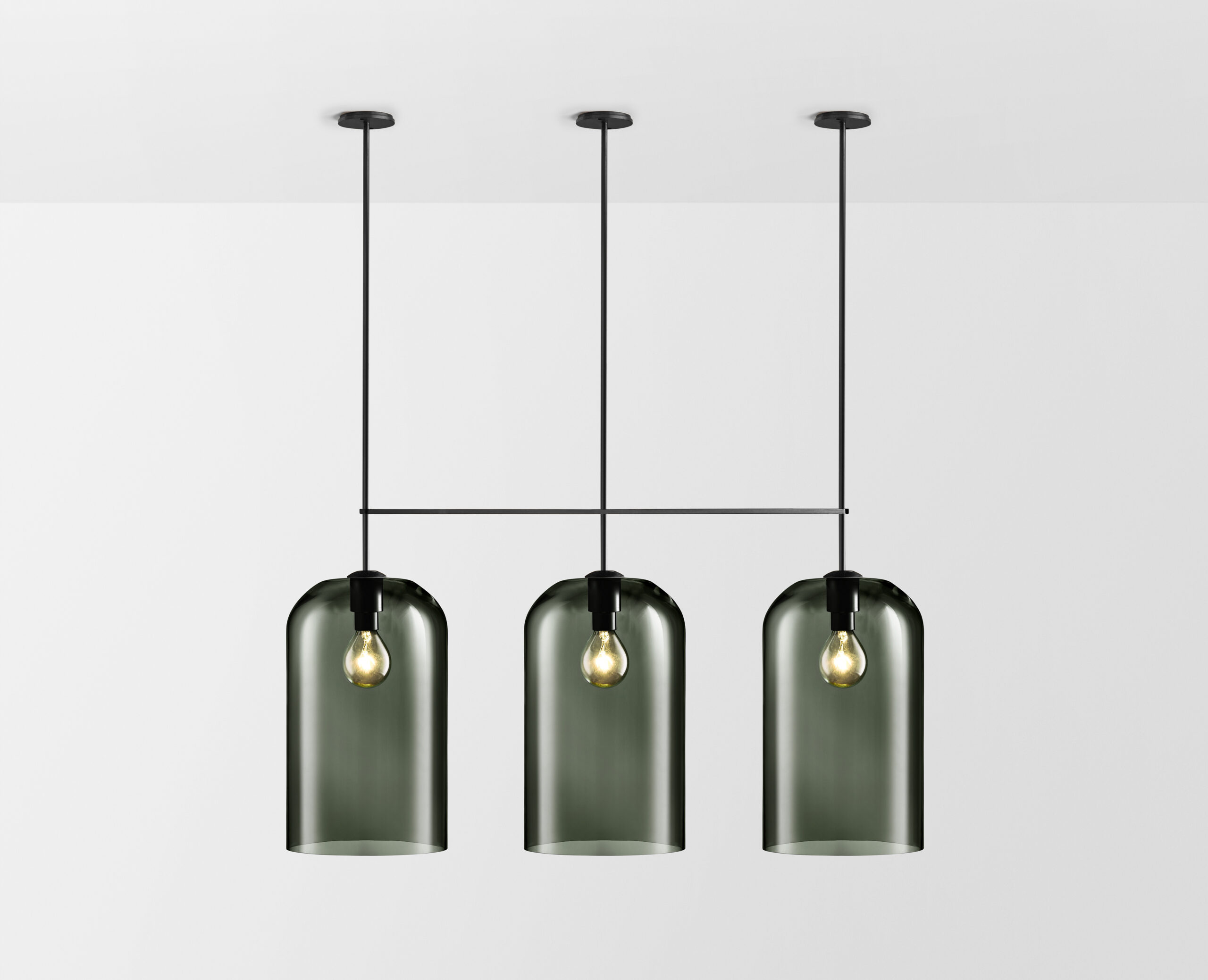 Articolo Studios Luxury Lighting Lumi Extra Large Triple Pendant in Black Electroplate and grey Shade