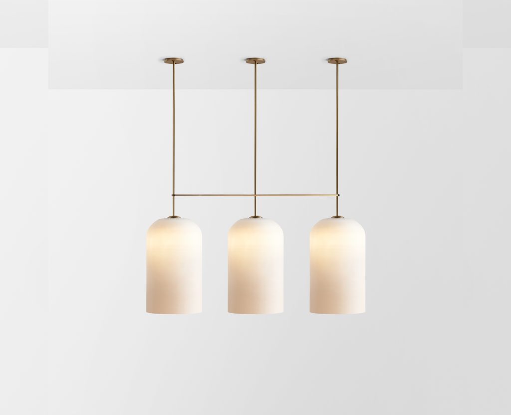 Articolo Studios Luxury Lighting Lumi Extra Large Triple Pendant in Brass with Frosted White Shades