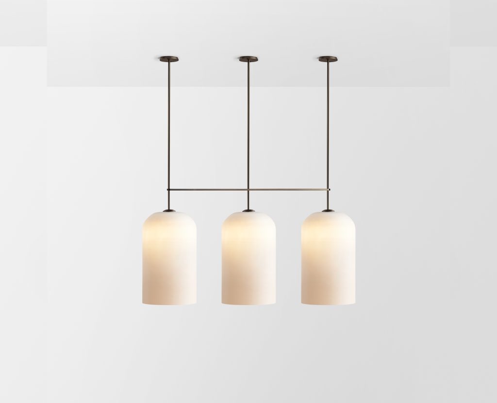 Articolo Studios Luxury Lighting Lumi Extra Large Triple Pendant in Bronze with Frosted White Shade