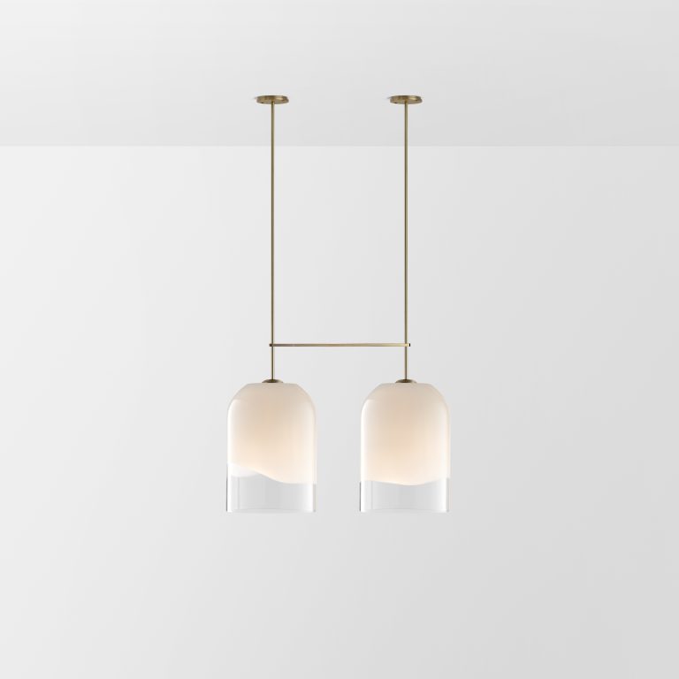 Articolo Studios Luxury Lighting Moni Extra Large Double Pendant in Brass with Clear and White Glass Shade