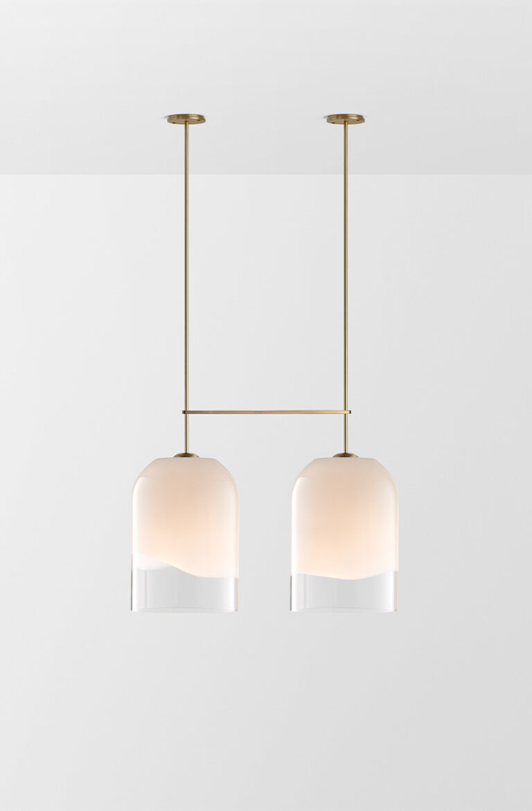 Articolo Studios Luxury Lighting Moni Extra Large Double Pendant in Brass with Clear and White Shade