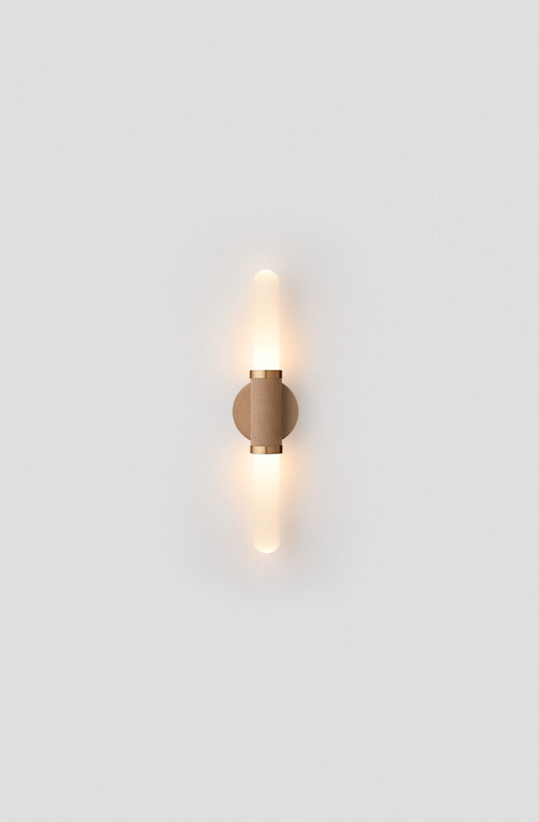 Articolo Studios Luxury Lighting Scandal Mini Short Wall Sconce in Brass with Snow Shades and Brass Mesh Inlay