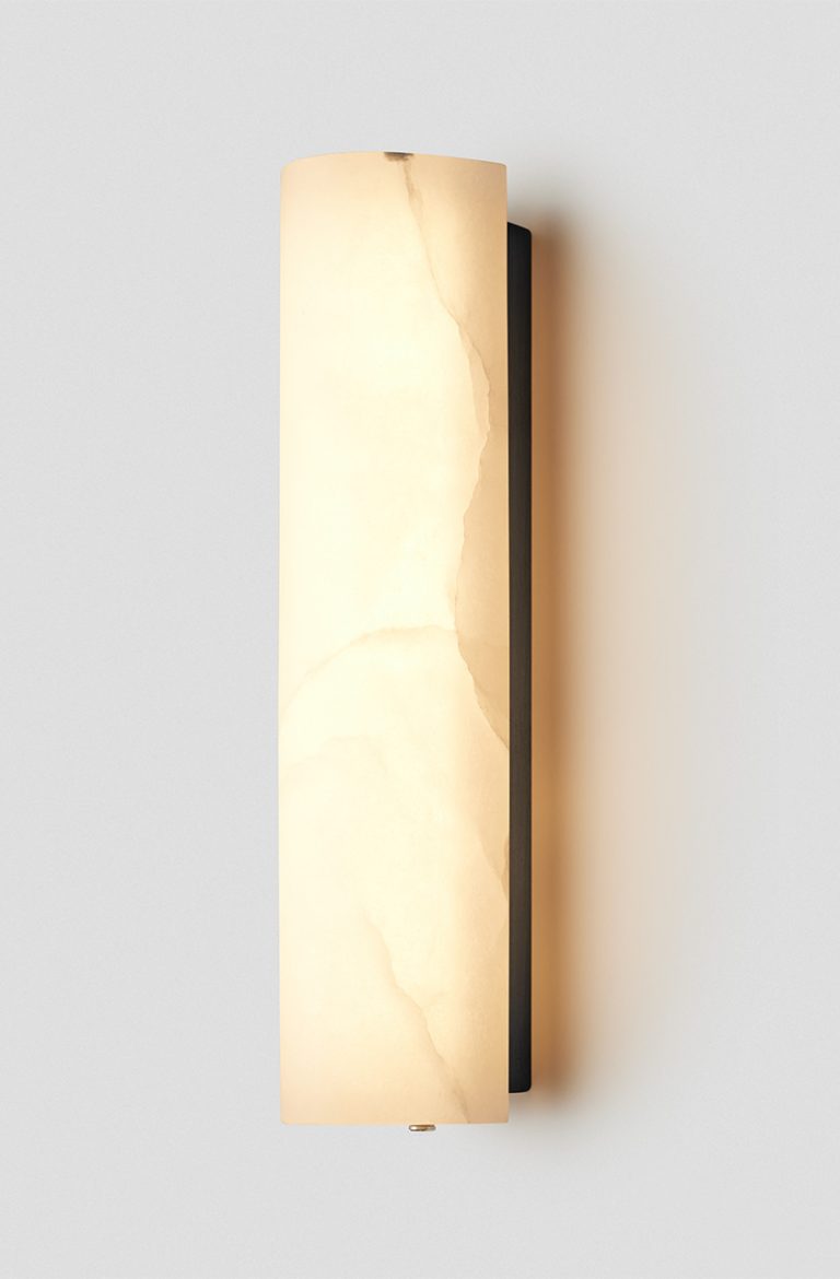 Articolo Studios Luxury Lighting 12:40 Forward Facing Wall Sconce in Black Electroplate and Alabaster Shade