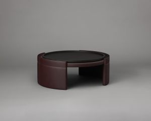 Articolo Studios Luxury Furniture Cuff Coffee Table in Burgundy Leather with Veneer Strip