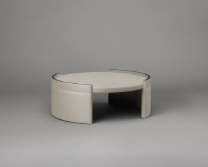 Articolo Studios Luxury Furniture Cuff Coffee Table in Latte Leather with Veneer Strip