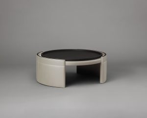 Articolo Studios Luxury Furniture Cuff Coffee Table in Latte Leather with Veneer Strip