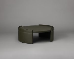 Articolo Studios Luxury Furniture Cuff Coffee Table in Olive Leather and Veneer Strip