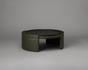 Articolo Studios Luxury Furniture Cuff Coffee Table in Olive Leather with Veneer Strip