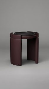 Articolo Studios Luxury Lighting Cuff Side Table with Tray in Burgundy Leather with Vener Strip