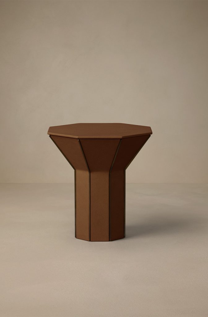 Articolo Studios luxury lighting. Flare tall side table in driftwood leather