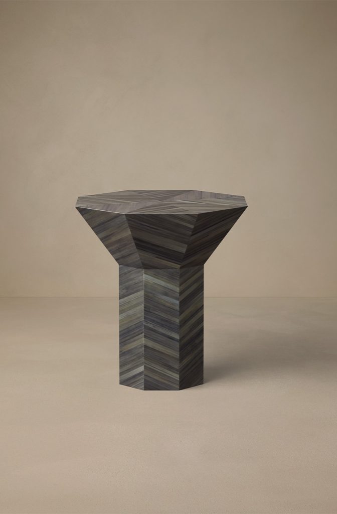 Articolo Studios luxury lighting. Flare tall side table in straw marquetry